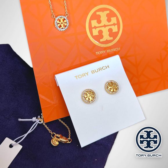 NWT Tory Burch Miller Pavé Logo Set  - 18k Gold Plated Necklace & Earrings $196 - Picture 12 of 13